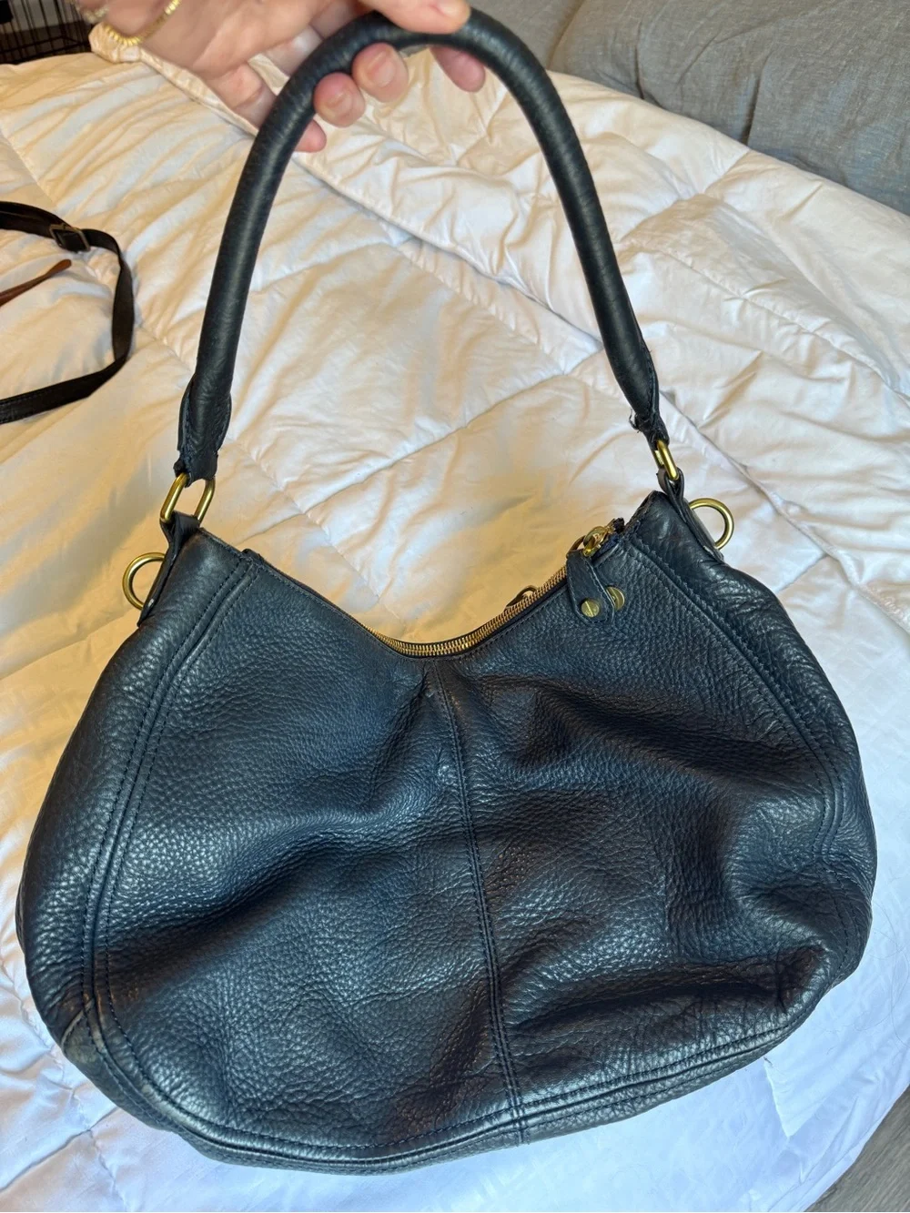 J. Crew Navy Pebbled Leather Bag with Gold Hardware